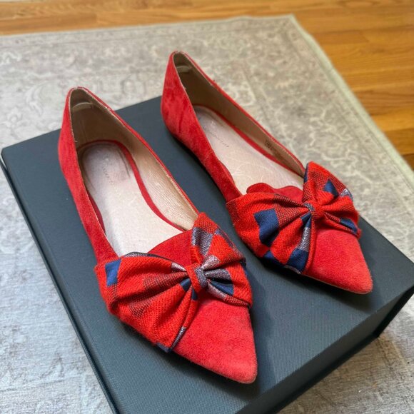 Anthropologie Knotted Bow Flats – Red Suede with Plaid Detail - Picture 2 of 16